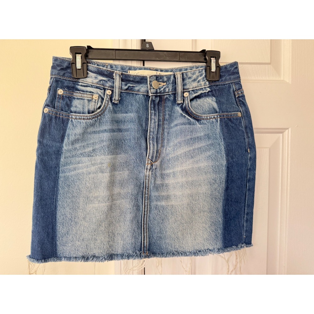 Lovers + Friends Two Tone Denim Mini Skirt Blue Frayed Hem Size 27 RN 132828